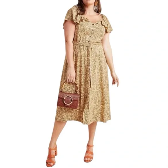 Anthropologie Bolano Leopard Print Button Front Midi Dress - Neutral - Size 18 W - Picture 3 of 16